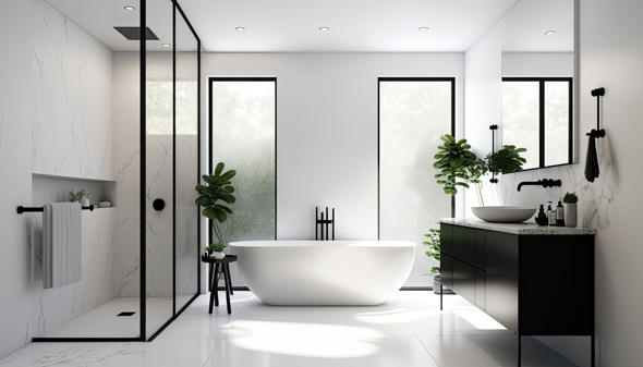 minimal black and white industrial style bathroom with green plant accents